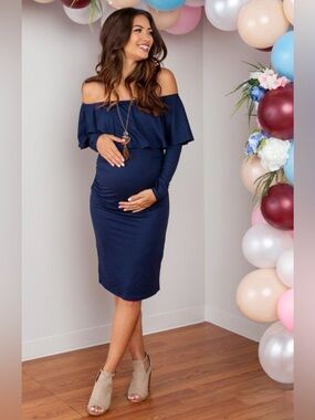 PinkBlush Navy Off Shoulder Maternity Dress Long Sleeve Pregnancy Baby Shower